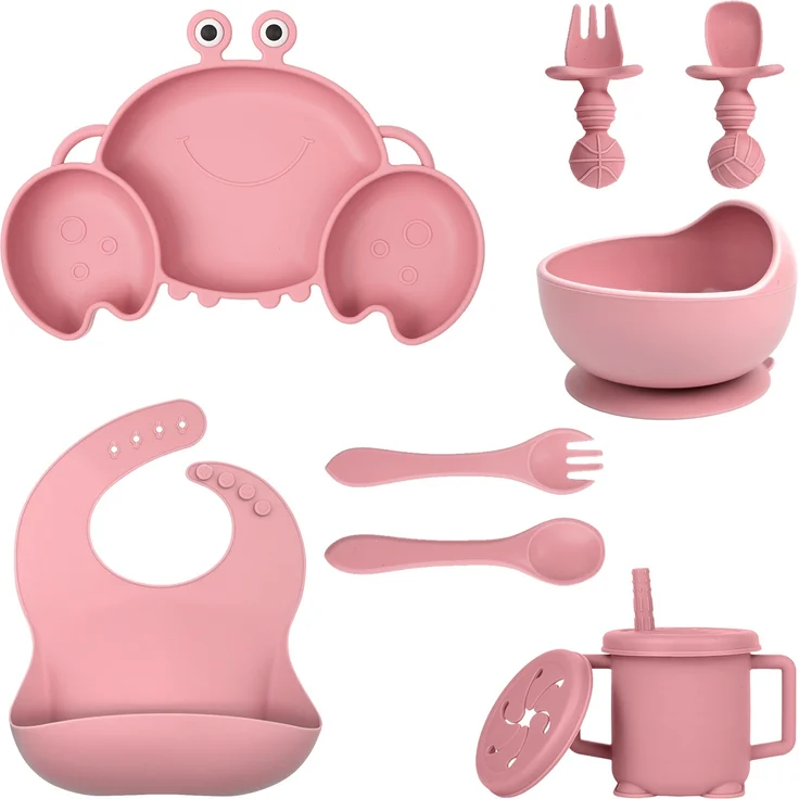 ABC Silikon-Babygeschirr-Set mit Saugnäpfen, 8-teiliges Set, Kinder-Essgeschirr-Set, beinhaltet rutschfeste Teller, Schüsseln, Becher, Löffel und Gabeln, BPA-frei (dunkelrosa) – Bild 1