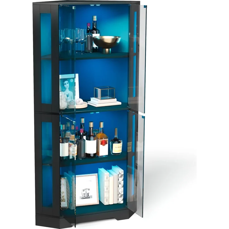 Merax 165 cm Glasvitrinenschrank mit LED, 4-stufiger Sicherheitsglas-Eckschrank, moderner Weinschrank, Schwarz – Bild 10