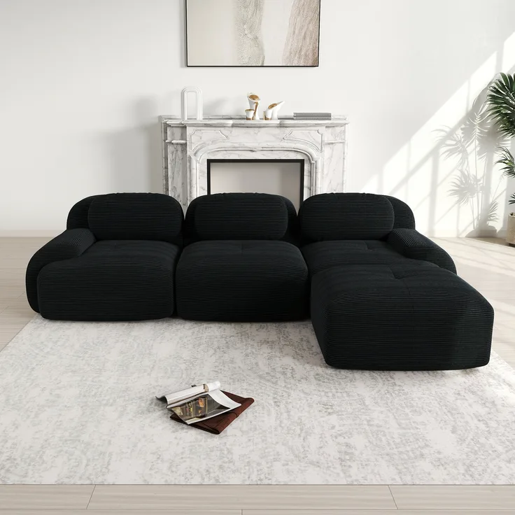 Ecksofa, Modulares ohne Montage ergonomisch und haustierfreundlich aus Cordstoff mit extra-breiten Armlehnen 32D hochelastische Polsterung für Wohnzimmer und Schlafzimmer, Cordstoff, Black