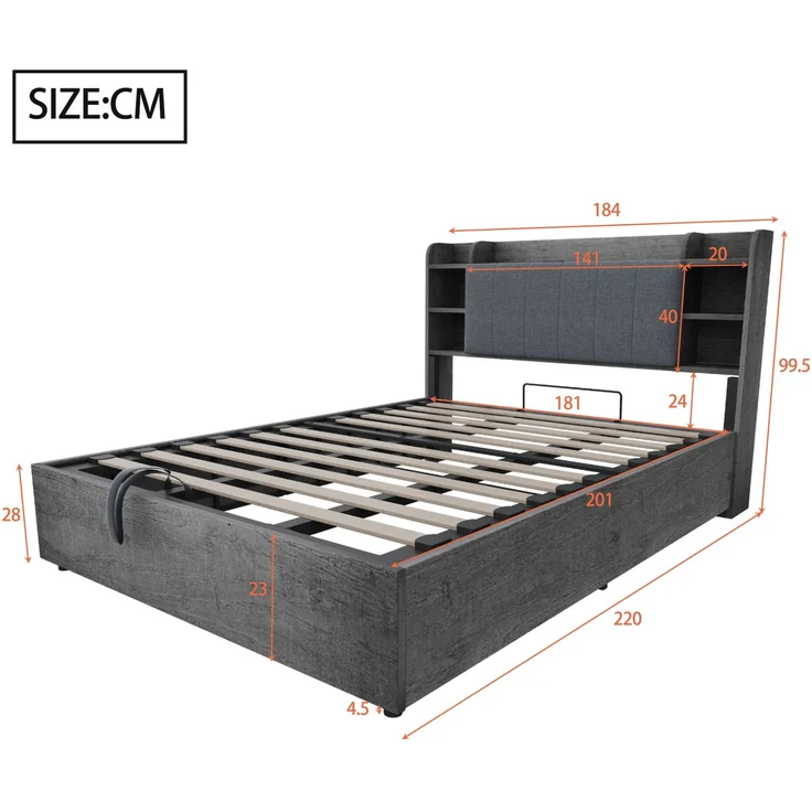 Merax Doppelbett, 180 x 200 cm, Holzbett, Hydraulisches Bett, Kopfteil mit Stauraum, Ausgestattet mit USB-Anschluss und Tape-C-Steckdose, (ohne Matratze) Grau – Bild 4