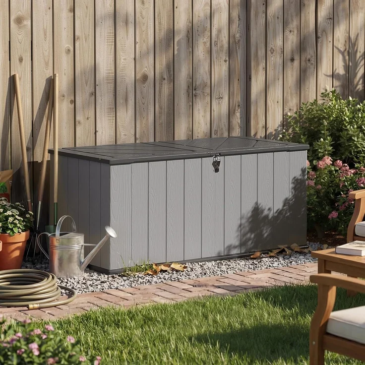 Aoxun Gartenbox aus Harz 600L,Auflagenbox Wasserdicht Außenmaße:142 x 67 x 63 cm,Wetterfest,Abschließbar,Grau – Bild 8