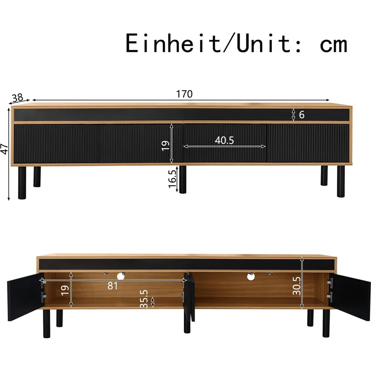 Abrihome TV Schrank mit 4 Türen, Schwarz, 47x38x170 cm – Bild 8