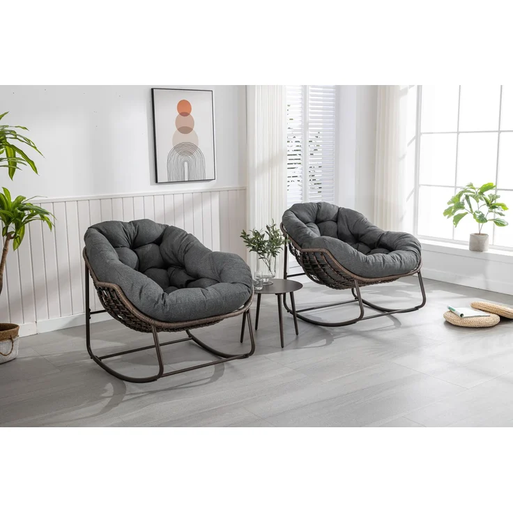 Gartenschaukelstuhl, extragroßer Schaukelstuhl aus Korbgeflecht in Eiform, bequemer Schaukelstuhl für drinnen und draußen mit dickem Kissen, moderner Lounge-Sessel für Balkon, Veranda, Garten, Terrasse, Hinterhof, Dunkelgrau – 93 x 73 x 23 cm – YOUDENOVA – Bild 3