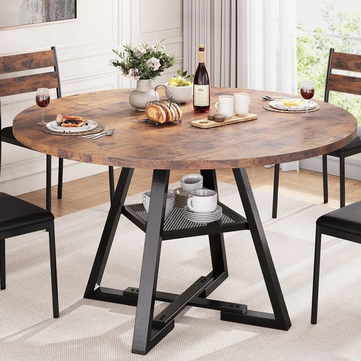 Jocoevol Esstisch Runder für 4 Personen, Esszimmertisch mit Ablage, platzsparender Küchentisch aus Holz im Industrial Design (Vintage Braun, 120 x 120 x 76 cm)