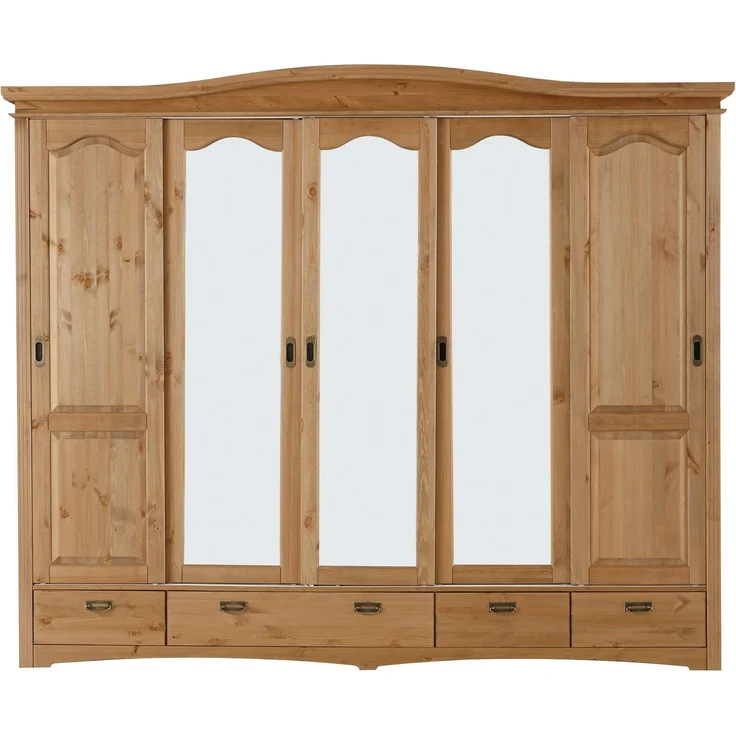 Home affaire Schiebetürenschrank Konrad, Landhausstil, rustikal, mit Schubladen + Spiegel, Kassetten massive Kiefer, FSC®-zertifiziert, Messinggriffe, mehrere Varianten – Bild 2