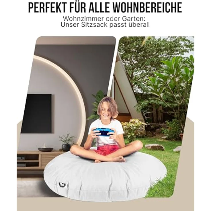 PATCH HOME 2-in-1 Sitzsack Sessel - Gaming Bean Bag mit Reißverschluss - Bereits befüllt, Ergonomisch & Robust für Kinder & Erwachsene - Indoor & Outdoor, Wetterfest (Weiß, 155cm) – Bild 5