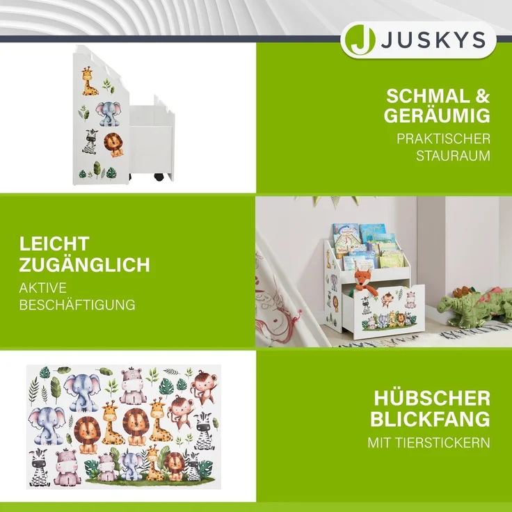 Juskys Kinder Bücherregal mit 3 Fächern & Spielzeugkiste, Weiß, 63 x 30 x 70 cm (BxTxH) – Bild 4
