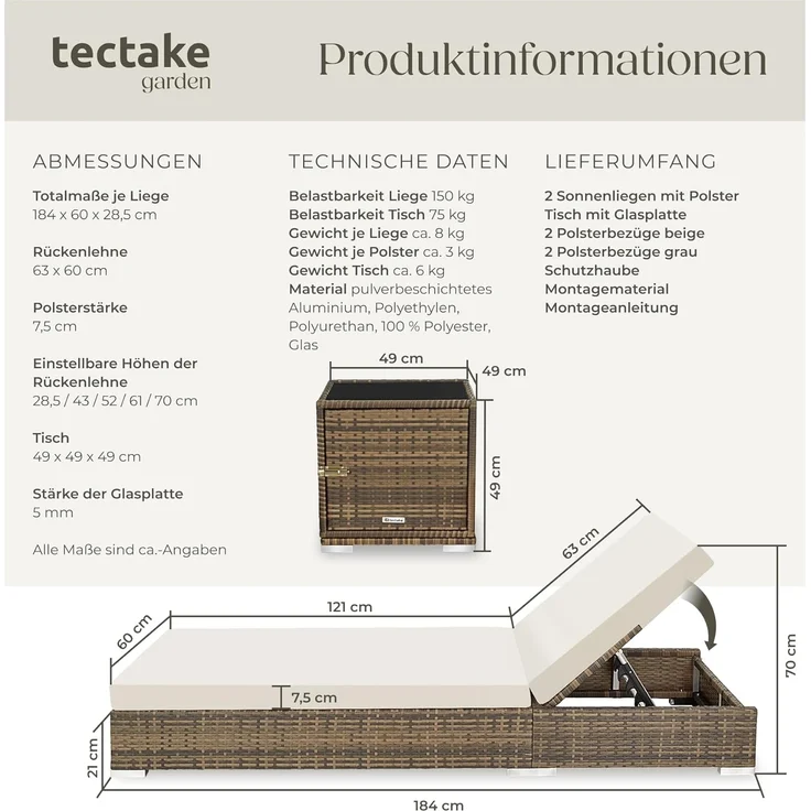 tectake 2er Lounge Sonnenliegen Set Plus Tisch – inkl. 2 Bezugsets und Schutzhülle, Outdoor Poly Rattan Gartenmöbel Set, 2X Gartenliege wetterfest - Natur – Bild 6