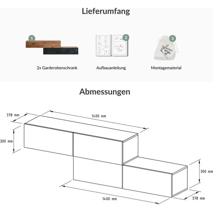 Planetmöbel Garderoben-Set Flur Möbel Garderobe, (Kompaktgarderobe mit Klappe als Stauraum, Hängeschränke 2 x 140 cm Gold Eiche & Gold Eiche / Schwarz Charcoal), Wandgarderobe (ohne Spiegel) – Bild 4