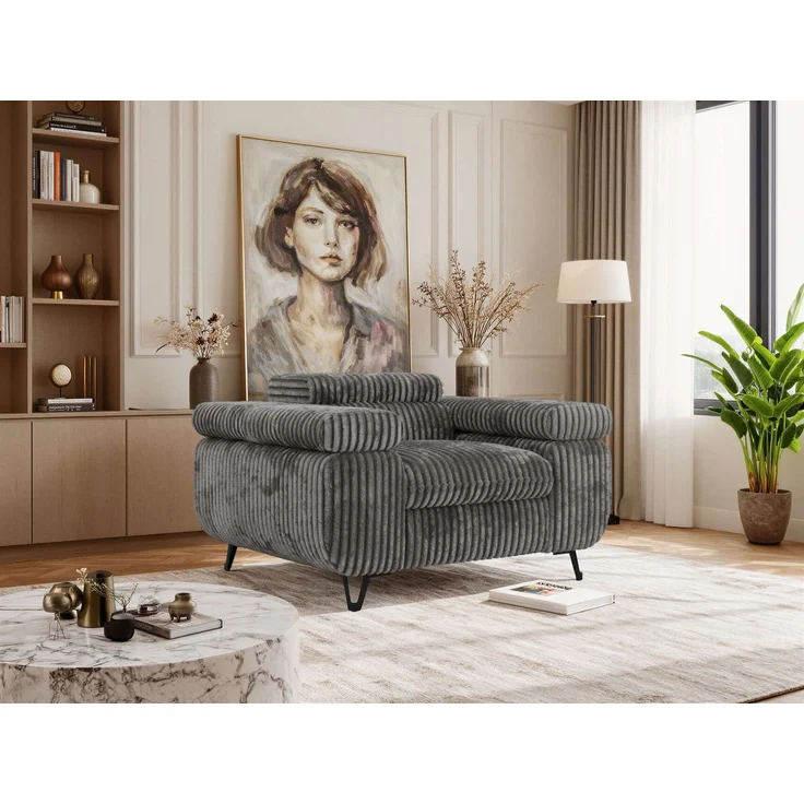 Einzelsessel, Polstersessel PETER mit verstellbaren Armlehnen und Kopfstütze, 1-Sitzer Sofa, Ohrensessel, Wellenfeder - Grau Cord – Bild 1