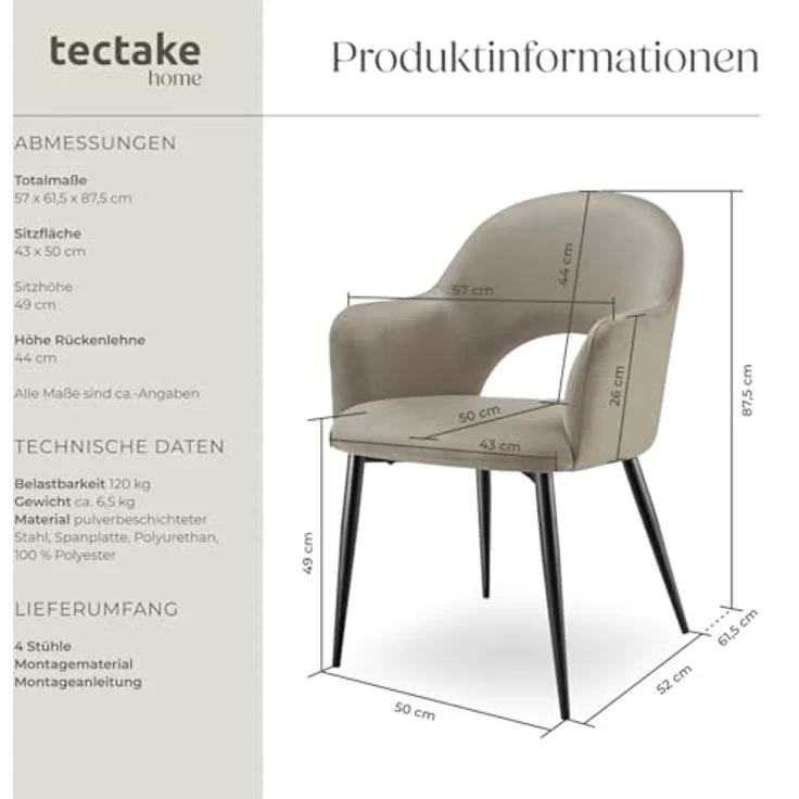 tectake Esszimmerstuhl Armlehnstuhl (4er Set, 4 St), in Samtoptik & gepolstert – Bild 4
