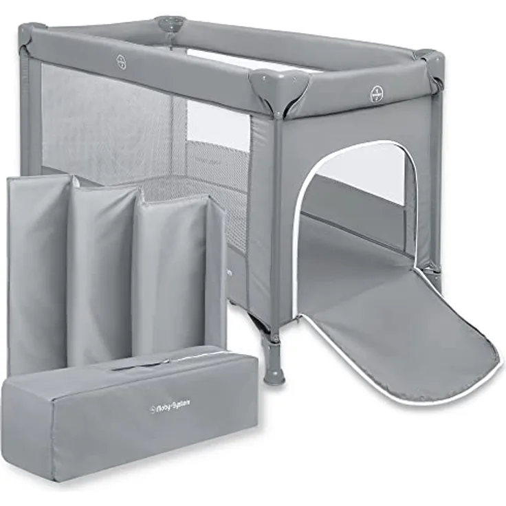 Moby-System Baby Reisebett 128x68 cm, faltbar mit Matratze & Tragetasche, 2-fach höhenverstellbar, grau