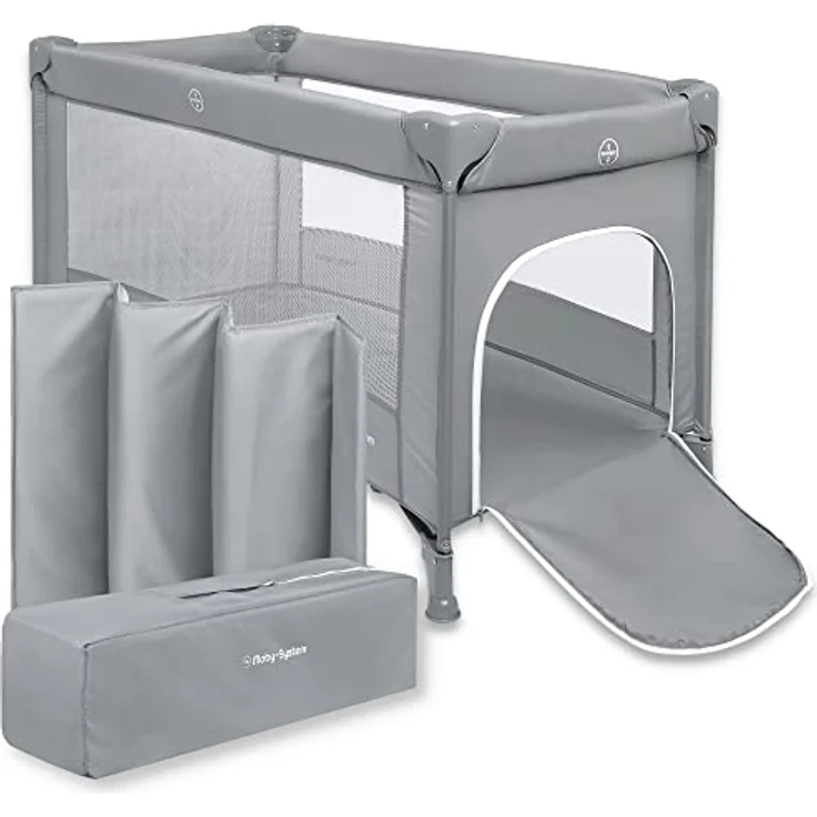 Moby-System Baby Reisebett 128x68 cm, faltbar mit Matratze & Tragetasche, 2-fach höhenverstellbar, grau – Bild 1