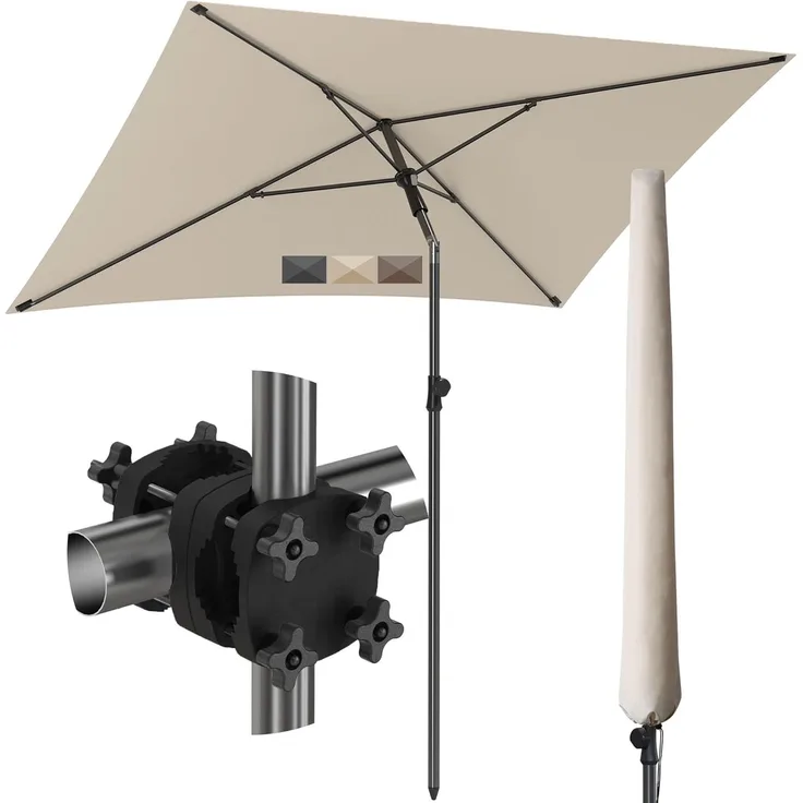4smile Sonnenschirm Balkon SunnyShade, Sonnnenschutz Balkon SET 3-in-1, Beige - UV50+ SunnyGuy Sonnenschirm rechteckig 200x125 cm + Sonnenschirmhalter Balkongeländer + Sonnenschirmhülle
