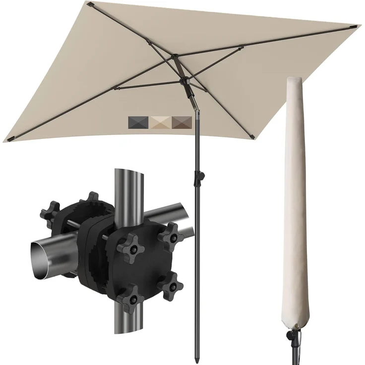 4smile Sonnenschirm Balkon SunnyShade, Sonnnenschutz Balkon SET 3-in-1, Beige - UV50+ SunnyGuy Sonnenschirm rechteckig 200x125 cm + Sonnenschirmhalter Balkongeländer + Sonnenschirmhülle