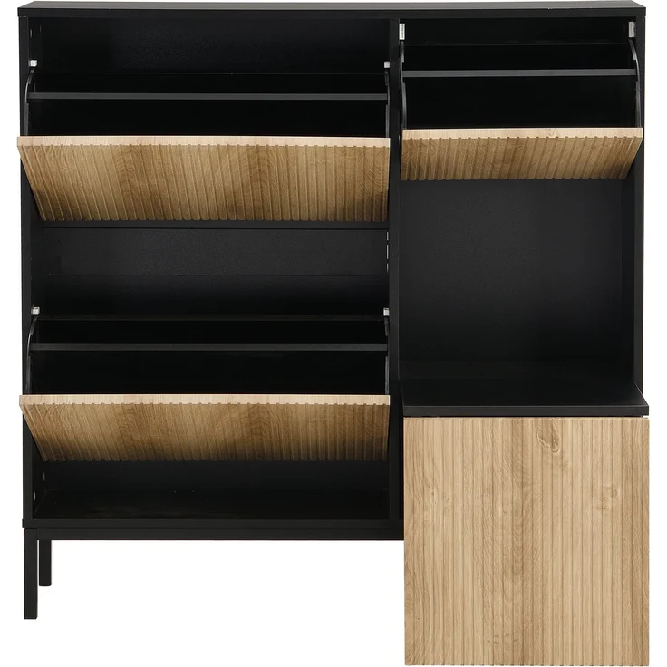 ZUBALIYA Schuhschrank (100 x 25 x 100 cm), 3 Klappfächer, Offener Stauraum, Stauraum für Flur und Eingangsbereich, Schwarz / Naturfarben – Bild 4