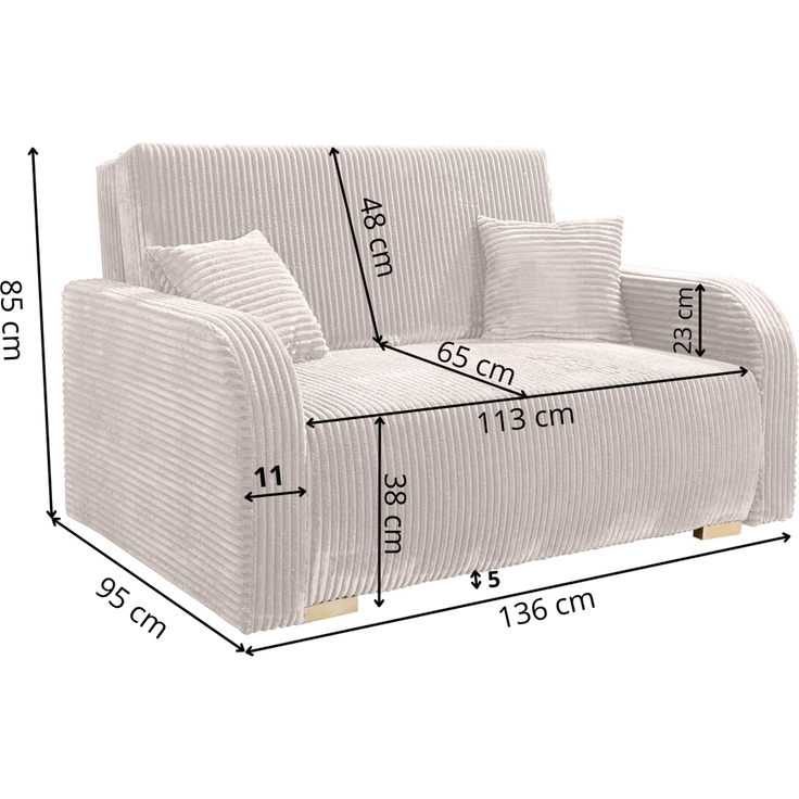 Wohnero24 Lirena 2 Schlafsofa 136x95 cm mit Bettfunktion 113x195 cm – 2-Sitzer Cord Sofa ausziehbar mit Bettkasten, kleines Schlafsofa für Wohnzimmer - Creme – Bild 10