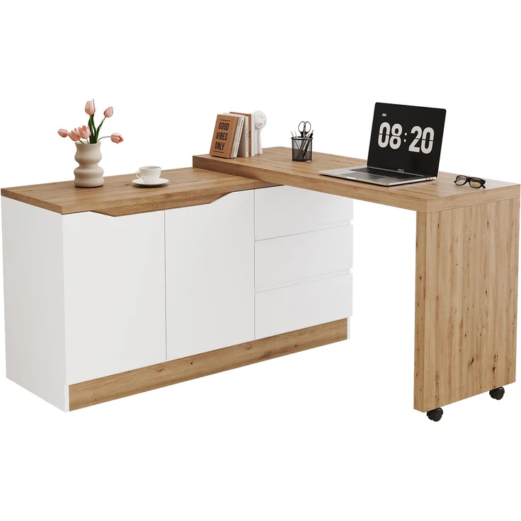 ZUBALIYA Schreibtisch mit feststellbaren Rollen – multifunktionales Design, 4 cm dickere, drehbare Tischplatte, fest arretierbar, weiß/Eiche, Faltbarer Schreibtisch, Eckschreibtisch, Sideboard,Dicke Materialie – Modell N880P4642134O – Bild 9