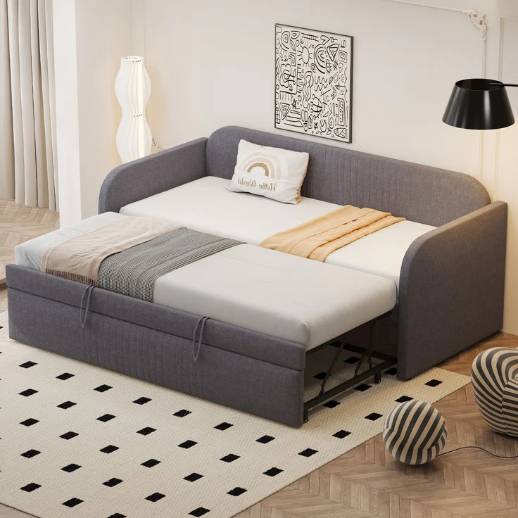 Verlängerbares Schlafsofa 90/180x190 cm mit Leinenbezug, hydraulischem Auszug, Lattenrost, vielseitigem Design,Grau – Bild 3