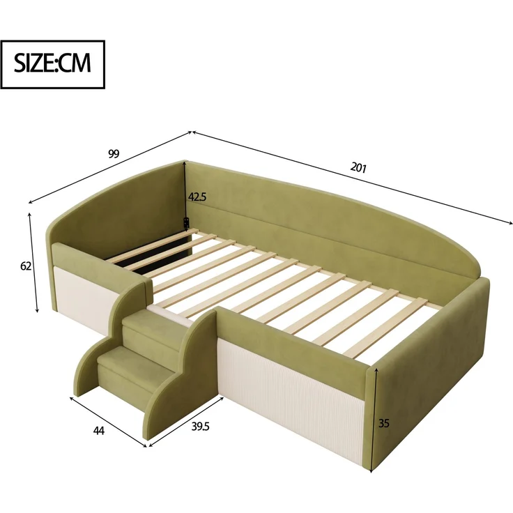 Kinderbett 90×190 cm mit Samt,Colorblock-Design,Schutzgitter & rutschfesten Stufen,gepolstertes Juniorbett,Dunkelgrün & Cremeweiß – Bild 10