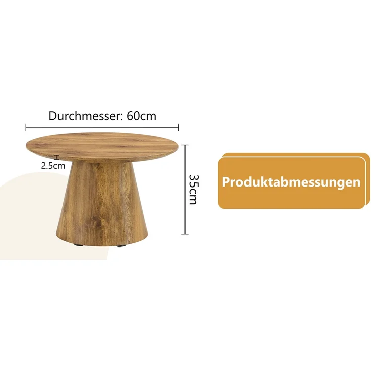 Runder Kaffeetisch in Naturholzoptik (MDF) – 60 cm Durchmesser, 35 cm Höhe. Mit hochwertiger Holzdekorfolie – als Beistelltisch im Wohnzimmer,kleiner Tisch für den Balkon u.v.m.--Holz--60x60x35cm--YOUDENOVA – Bild 2
