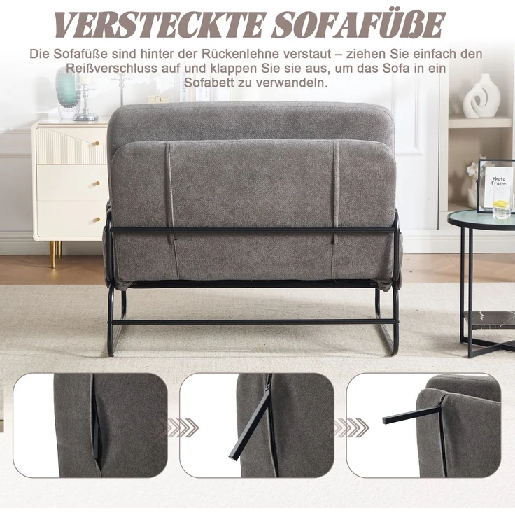 ZUBALIYA Schlafsofa 85x92 cm, mit Stauraum, mit Chenille - Bezug, mit breiten Armlehnen, mit Schaumstoffpolsterung, Schwarz – Bild 7