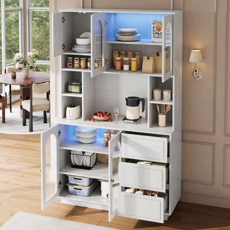 Merax Hoher Sideboard Schrank, Küchen Staurschrank mit Bogen-Acryltüren, Bar-Schrank mit offenen Fächern, Schrank mit APP-gesteuerter farbverstellbarer LED-Beleuchtung, Weiß – Bild 6
