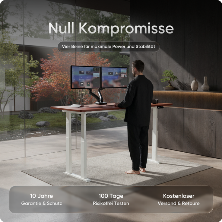 DESKSPACE Höhenverstellbarer Schreibtisch elektrisch mit leisem Dual-Motor – stabiles 4-Bein-Gestell (Weiß Gestell, Mahagoni Tischplatte, 120×60 cm) – Bild 2