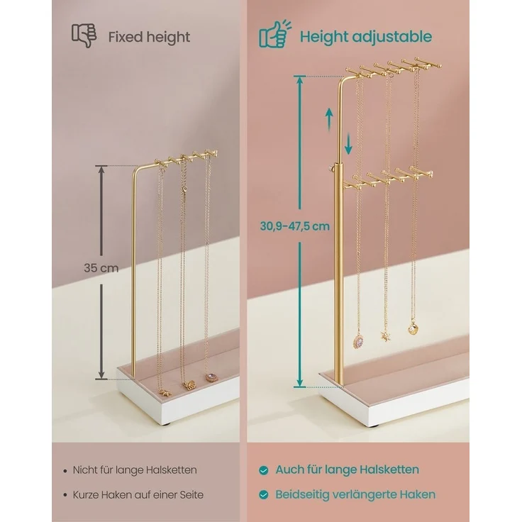 SONGMICS Schmuckständer, Schmuckhalter, Metallrahmen, Schmucktablett Samt, ausziehbarer Kettenhalter, 30,9-47,5 cm hoch, Schmuckaufbewahrung, blassgold – Bild 3