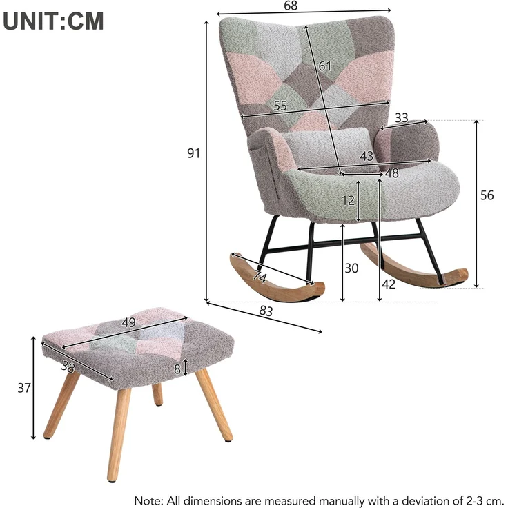 Merax Bequemer bunter Schaukelstuhl, inklusive 1 Fußstütze (49*38*37 cm) und 1 Lendenkissen, stabiles Gestell aus Gummibaumholz, mehrfarbiges Design, Loungesessel – Bild 4