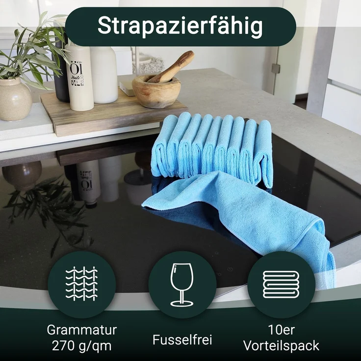 ZOLLNER 10er Set Mikrofasertücher für streifenfreien Glanz, saugstark, blau – Bild 2