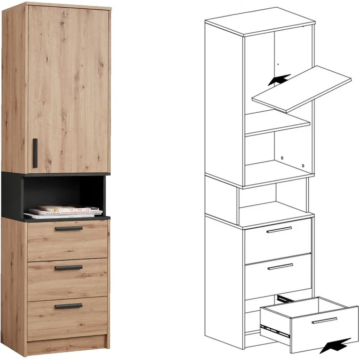 Marmex Möbel Grant Set-37A Möbelset mit Eckschrank & Sideboard , Eckschrank-Set mit Kommode, laminierte Spanplatte, artisan Eiche + schwarz, 228/195x195x40 cm – Bild 3