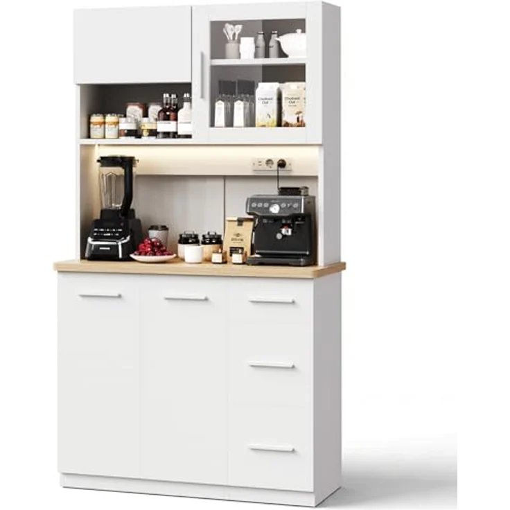 JUMMICO Buffetschrank, 100 x 40 x 182(H) cm, Küchenschrank mit 2 Steckdosen und LED Streifen 3000K, Küchenbuffet mit verstellbaren Einlegeboden und Arbeitsplatte 24 mm, Weiß – Bild 7