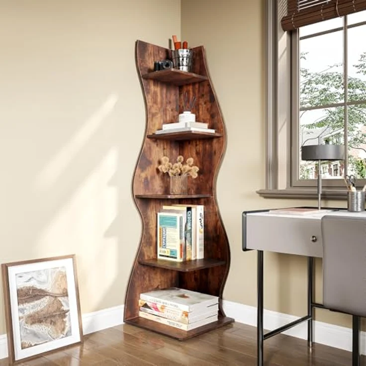 LITTLE TREE Bücherregal Ecke, Modernes Regal Schmal mit 6 Ebenen, 50 x 48 x 179 cm Bücherregal Holz, Standregal mit Wellen-Design für Kleine Räume, Wohnzimmer & Schlafzimmer, Rustikal, 2er Pack – Bild 8