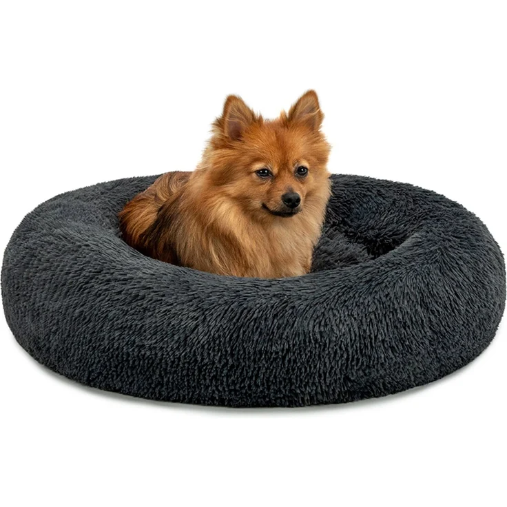 lionto Donut Hundebett, rundes Hundesofa mit Plüschbezug & Anti-Rutsch-Noppen, weich & gemütlich, 60 cm Durchmesser, dunkelgrau – Bild 1