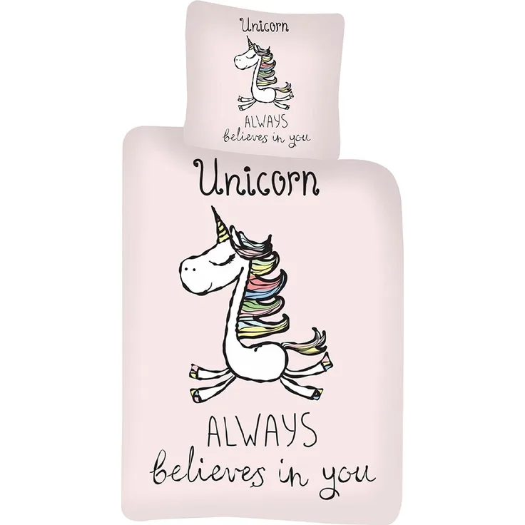 Baby Kinder Bettwäsche Einhorn Motiv Unicorn Always believes in you Rosa Bettdecke 100x140 cm Kopfkissen 40x45 cm 100 Baumwolle