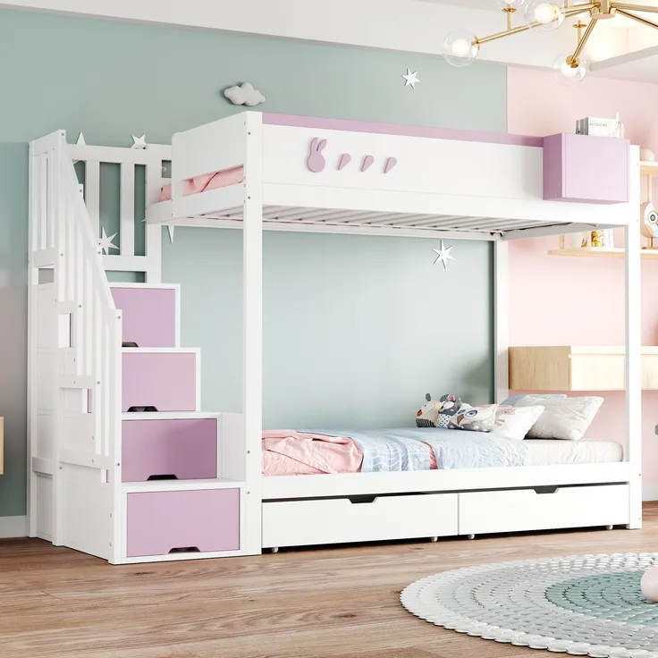 Etagenbett Kinderbett, Kaninchen- und Karottenmotive, abnehmbares Ablagefach, sichere Aufbewahrungsleiter, Schubladen, Lattenrost, Doppelbett, Weiß+Rosa, 90 × 200 cm