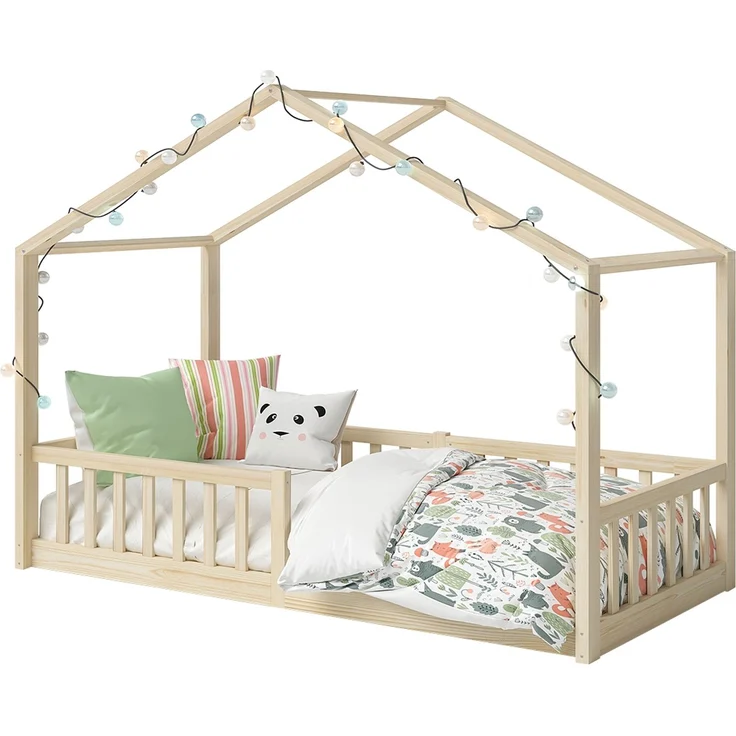 Bellabino 'Bia' Hausbett 80x160 cm, natur, Kiefer Massivholz, Bodenbett in Hausoptik, Montessori Kinderbett mit Rausfallschutz und Lattenrost – Bild 12