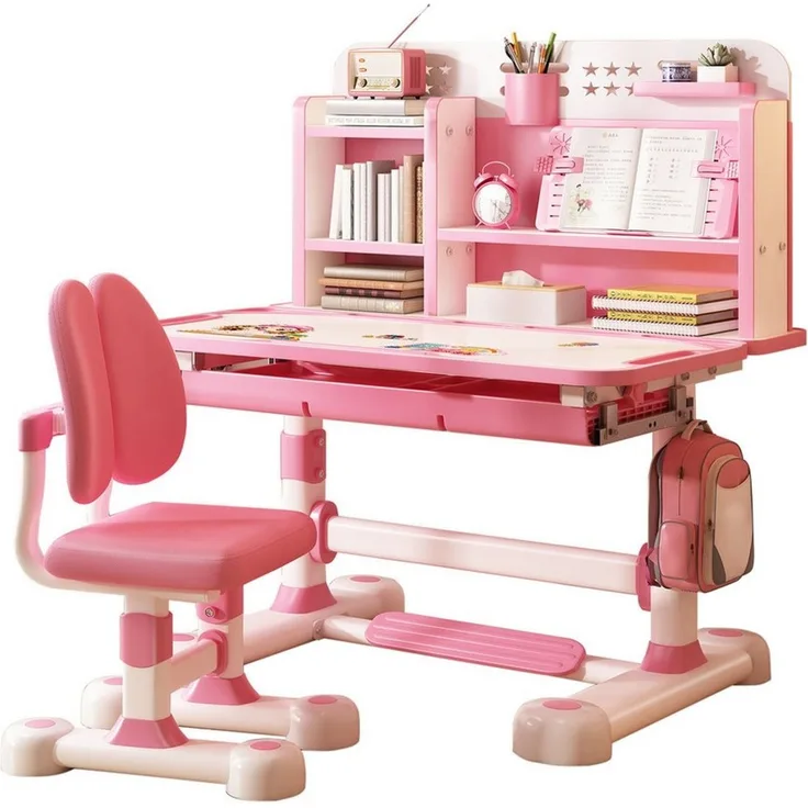 Rutaqian Kinderschreibtisch Kinder-Schreibtisch- und Stuhl-Set,Höhenverstellbar mit Sitzkorrektur (Multifunktionsschreibtisch mit Leseständer,Schublade,Rucksackhaken, 1-St, Ergonomischer Schreibtisch-Stuhl Set,Zonenförmig gestalteter Stauraum), Verstel...