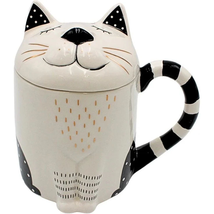 Dekohelden24 Tasse Kaffee-Becher, Teetasse als Katze mit Deckel aus Keramik, Schwarz-Weiß, 1-tlg, Keramik – Bild 1