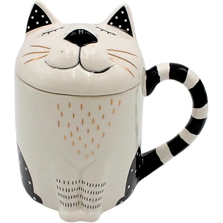 Dekohelden24 Tasse Kaffee-Becher, Teetasse als Katze mit Deckel aus Keramik, Schwarz-Weiß, 1-tlg, Keramik