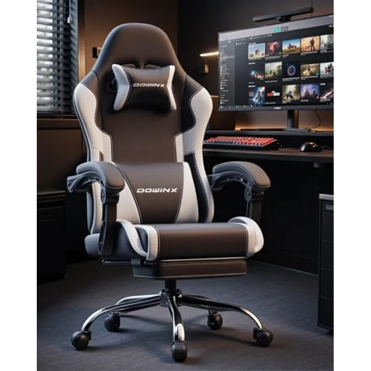 Dowinx Gaming Stuhl Bürostuhl Massage Gaming Sessel mit höhenverstellbaren Linkage-Armlehnen, ergonomischer Gamer Stuhl mit Fußstütze, gepolstert Gaming Chair 150° neigbar bis 180 kg, Weiß – Bild 3