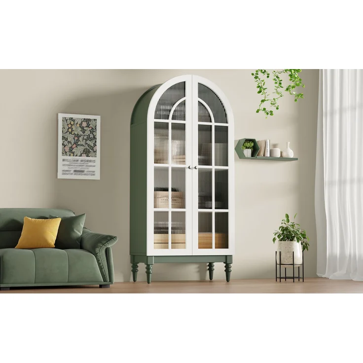 Bogen-Vitrinenschrank 165cm mit Riffelglas-Doppeltüren, 3 Einlegeebenen, 2 Farben (Dunkelgrün+Weiß)--Grün--76x38.5x165cm--YOUDENOVA – Bild 4