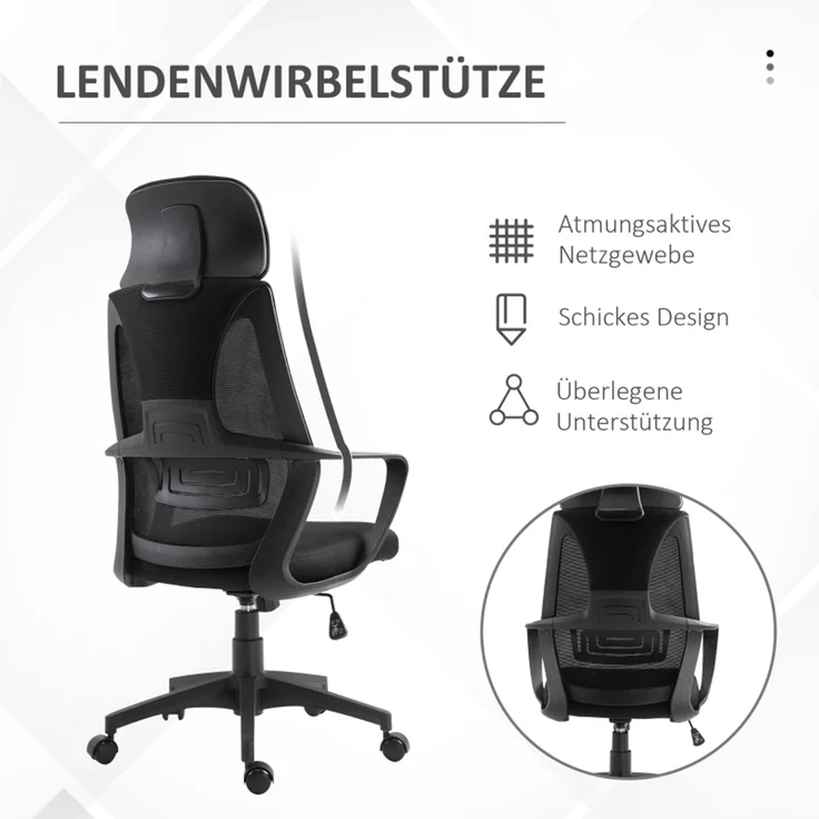 Faumrta Bürostuhl, H?henverstellbarer Schreibtischstuhl mit Wippfunktion Drehstuhl mit Armlehne, Kopfstütze, Lendenstütze Bürostuhl mit Netzstoff-Optik, SchwarzPolyester64cm*55cm*126cmSchwarz – Bild 4