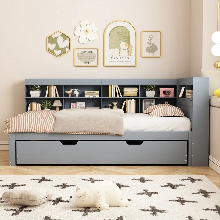MODFU Schlafsofa Kinderbett mit USB-Steckdose und mehreren Ablagefächern, Mit Räummaschine, Massivholzbett, Doppelbett, Multifunktionsbett aus Holz, ohne Matratze – Bild 2