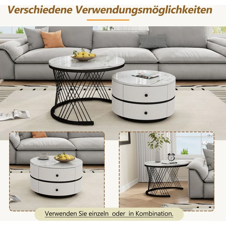 Couchtisch-Set rund, groß 60×60×46 cm und klein 50×50×31 cm, Hochglanz-Marmoroptik, MDF – Bild 8