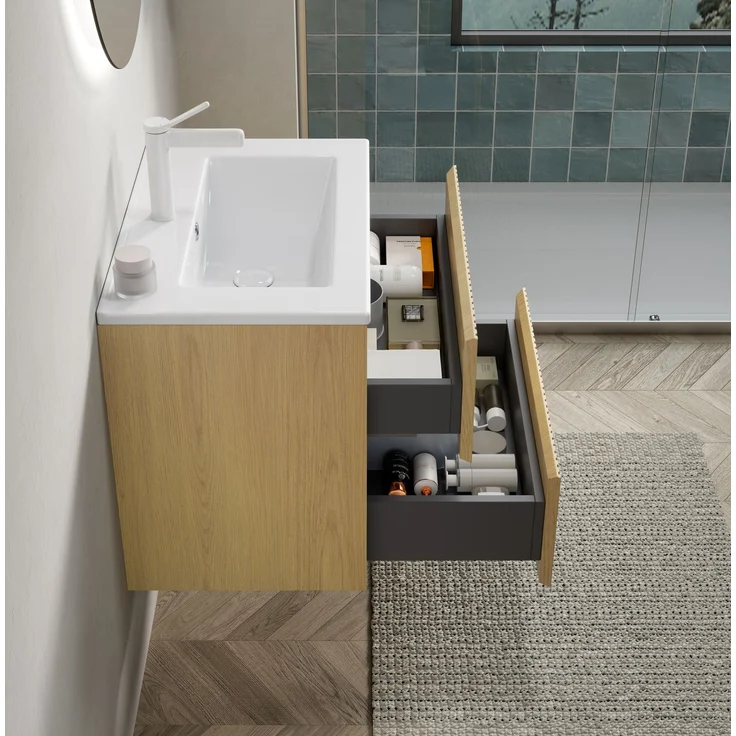 Wandhängender Waschtischunterschrank, 61 cm breit, mit Keramikbecken und 2 Schubladen – Bild 3