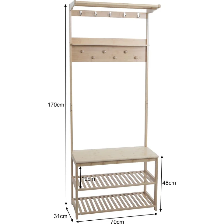 Bambus Standgarderobe HWC-N82, Garderobenständer Schuhregal Sitzbank Schuhbank, Kleiderhaken FSC® 170x70x31cm – Bild 3