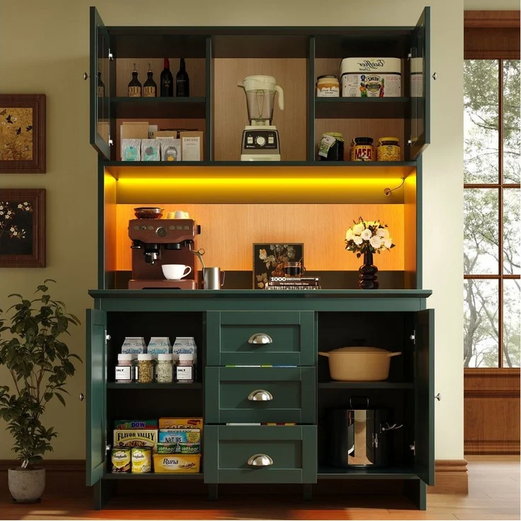 Flieks Küchenbuffet mit LED-Beleuchtung, Schubladen und Glastüren in Retro-Stil (1-St, B120/T40/H179 cm) Hochschrank Küchenschrank Geschirrschrank mit verstellbare Ablagen – Bild 1