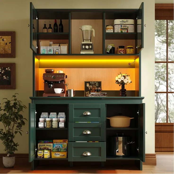 Flieks Küchenbuffet mit LED-Beleuchtung, Schubladen und Glastüren in Retro-Stil (1-St, B120/T40/H179 cm) Hochschrank Küchenschrank Geschirrschrank mit verstellbare Ablagen